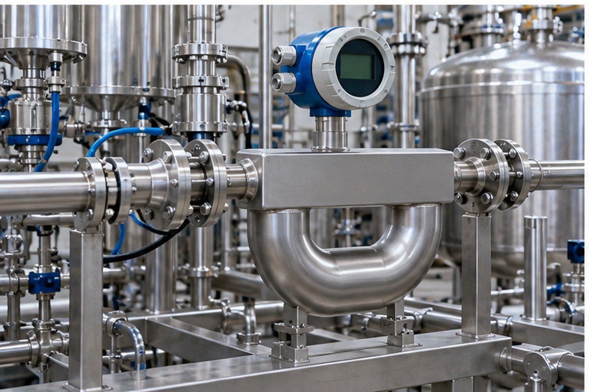 Misuratore Coriolis in acciaio inox su impianto industriale