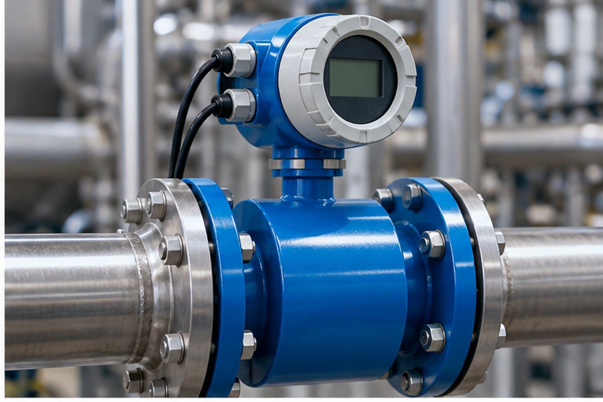 Misuratore di portata elettromagnetico flangiato installato su tubazione industriale